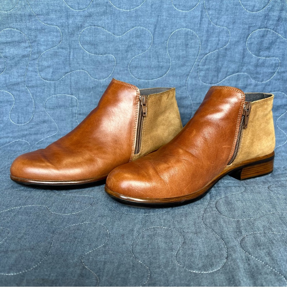 Naot Helm Brown Suede & Cognac Leather Ankle Boots Booties Size 38 / 7.5 Women's
